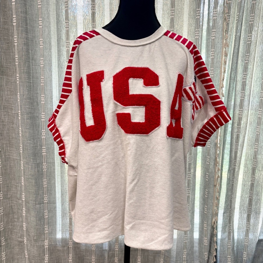 USA Red White & Blue Patch Letters Terry Knit Butterfly Oversized XL